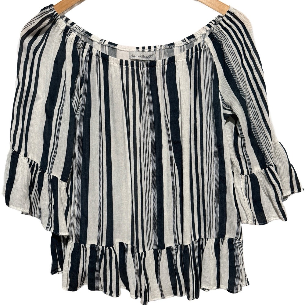 Keren Hart Blue & White Stripe Peasant Blouse Ruffled Sleeves Hem Size Medium
